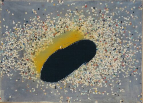 1984<br>tempera, impronta di piede, cera, coriandoli su tela e cellophane<br> cm 60x70