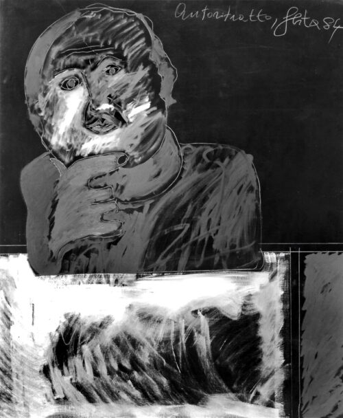 1984<br> Autoritratto<br>pittura industriale, tempera, gessetto su tela<br> cm 160x130