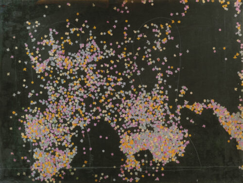 1984 21 novembre, Roma<br> Le colonne d'Ercole<br>pittura industriale, coriandoli su tela, cellophane<br> cm 60x80