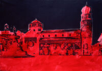 1984<br>Trento Rosso e Nero<br> pittura industriale, smalto alla anilina, fotografia emulsionata su tela<br> cm 80x115