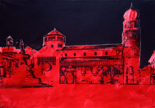 1984<br>Trento Rosso e Nero<br> pittura industriale, smalto alla anilina, fotografia emulsionata su tela<br> cm 80x115