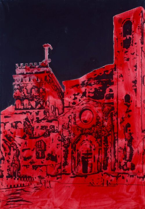 1984<br>Piazza D'Italia<br>pittura industriale, smalto alla anilina, fotografia emulsionata su tela<br> cm 115x80