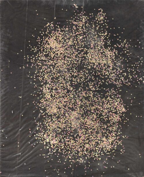 1984<br>pittura industriale, coriandoli su tela, cellophane<br> cm 160x130