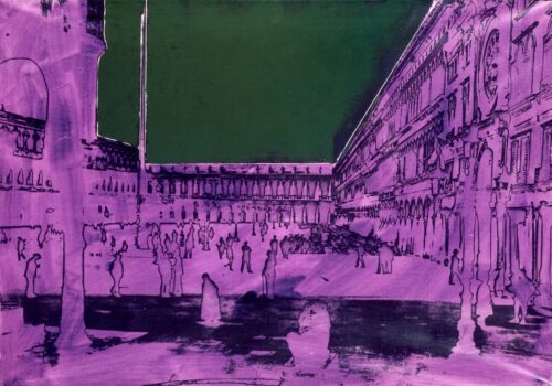 1984<br> Piazza San Marco<br>pittura industriale, smalto alla anilina, matita, fotografia emulsionata su tela<br> cm 80x115