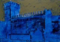 1984<br> Blu e verde<br> tempera, smalto alla anilina, fotografia emulsionata su tela<br> cm 80x115