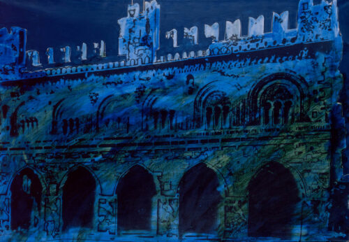 1984<br> Palazzo medievale blu e nero<br>pittura industriale, smalto alla anilina, matita, fotografia emulsionata su tela<br> cm 80x115