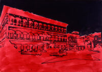 1984<br> Palazzo Farnese<br> pittura industriale, smalto alla anilina, matita, fotografia emulsionata su tela<br> cm 80x115
