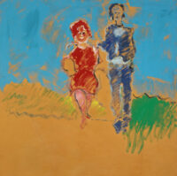 1984<br> Lidia e Filippo sulla tela<br> pittura industriale, tempera, gessetto su tela<br> cm 100x100