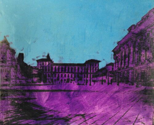 1984<br>pittura industriale, smalto alla anilina, fotografia emulsionata su tela<br> cm 50x70