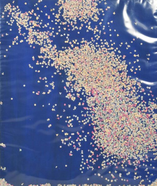 1985<br>pittura industriale, coriandoli su tela, cellophane<br>cm 80x70