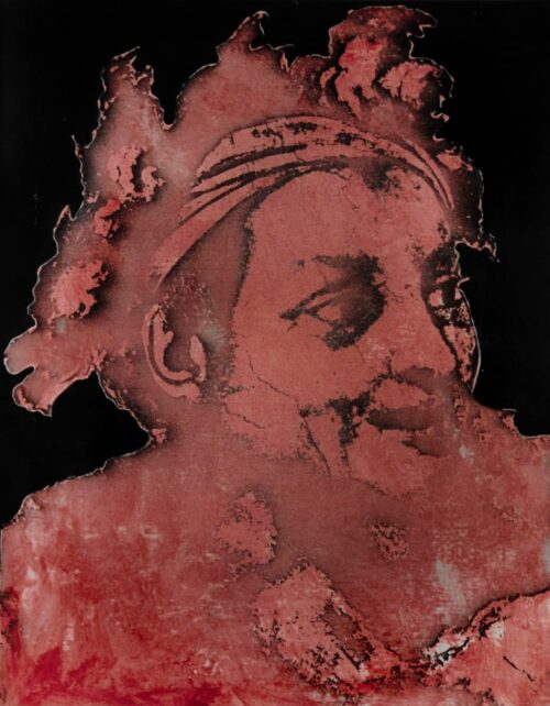 1985<br>pittura industriale, smalto alla anilina, fotografia emulsionata su tela<br> cm 100x80