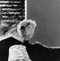 1985<br>To James Joice<br>pittura industriale, tempera, pennarello su tela<br> cm 100x100