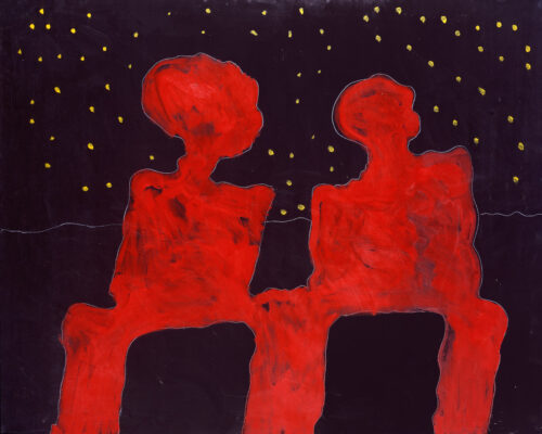 1985<br>Gli sposi<br>pittura industriale, tempera, gessetto su tela<br>cm 130x160