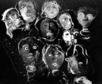 1985 <br> Il Carnevale Omaggio a Ensor<br>pittura industriale, tempera, gessetto su tela<br>cm 160x130