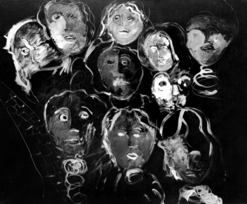 1985 <br> Il Carnevale Omaggio a Ensor<br>pittura industriale, tempera, gessetto su tela<br>cm 160x130