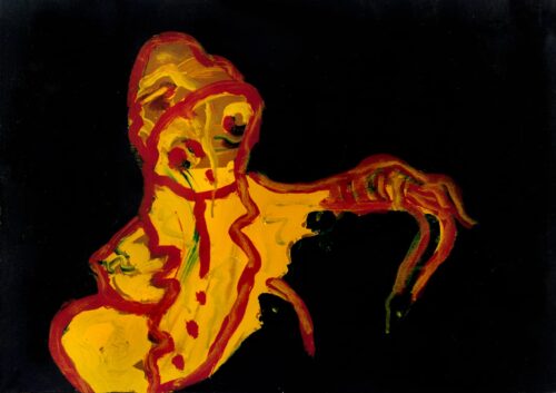 1985 16 maggio<br> Extraterrestre, proprietà dell'artista<br>pittura industriale e tempera su tela<br> cm 40x60