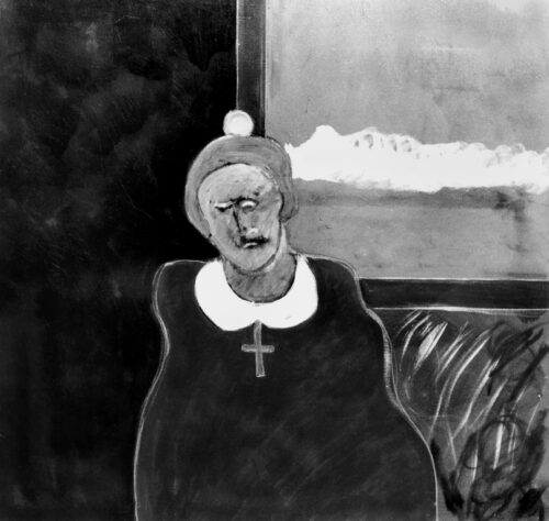 1985<br>pittura industriale, tempera, gessetto su tela<br> cm 100x100