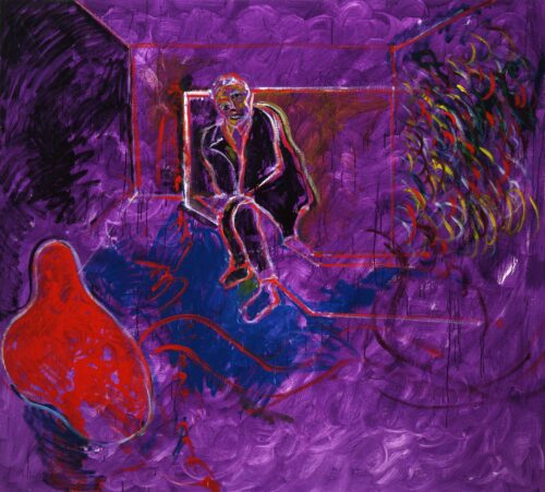 1985<br>Caro Dante questo quadro è per la Renault<br> pittura industriale, tempera, gessetto su tela<br> cm 180x200