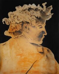 1985<br>pittura industriale, smalto alla anilina, fotografia emulsionata su tela<br> cm 100x80