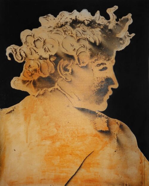 1985<br>pittura industriale, smalto alla anilina, fotografia emulsionata su tela<br> cm 100x80