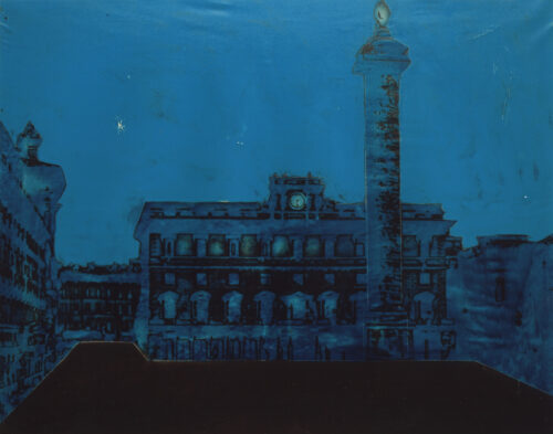 1985<br> Piazza d'Italia<br>pittura industriale, tempera, fotografia emulsionata su tela <br> cm 70x100