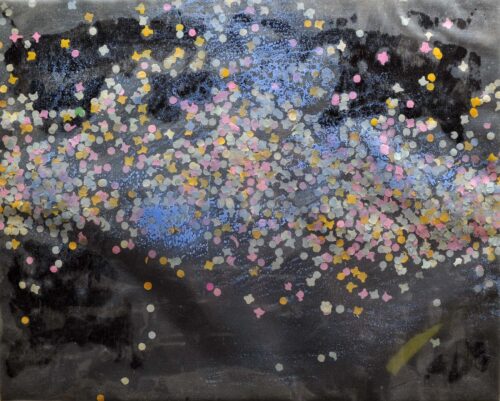 1985<br> Tropico del Capricorno<br>pittura industriale, tempera, coriandoli su tela, cellophane<br>cm 40x50