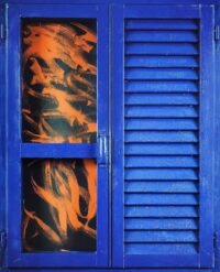 1985<br>smalto industriale, tempera, anta di persiana, anta con maniglia, cardini, telaio di legno su tavola<br> cm 100x80x4,5