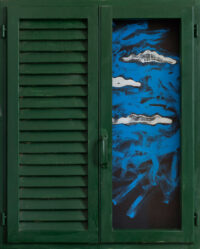 1985<br>smalto industriale, tempera, anta di persiana, anta con maniglia, cardini, telaio di legno su tavola<br> cm 100x80x4,5