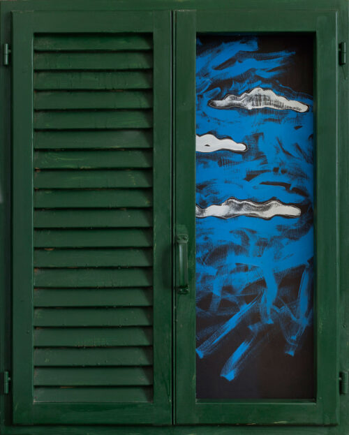 1985<br>smalto industriale, tempera, anta di persiana, anta con maniglia, cardini, telaio di legno su tavola<br> cm 100x80x4,5