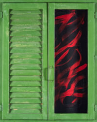 1985<br>smalto industriale, tempera, anta di persiana, anta con maniglia, cardini, telaio di legno su tavola<br> cm 100x80x4,5