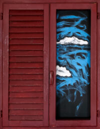 1985<br>smalto industriale, tempera, anta di persiana, anta con maniglia, cardini, telaio di legno su tavola<br> cm 100x80x4,5