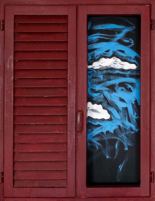 1985<br>smalto industriale, tempera, anta di persiana, anta con maniglia, cardini, telaio di legno su tavola<br> cm 100x80x4,5