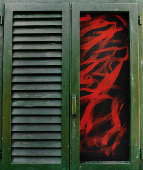 1985<br>smalto industriale, tempera, anta di persiana, anta con maniglia, cardini, telaio di legno su tavola<br> cm 100x80x4,5