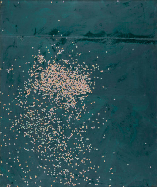 1985<br>pittura industriale, coriandoli su tela, cellophane<br>cm 120x100