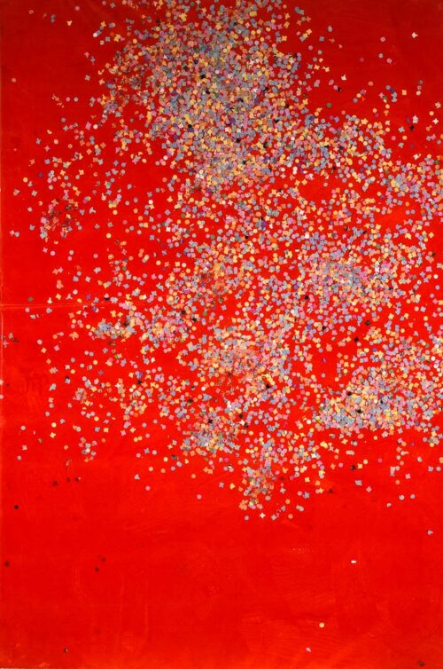 1985<br>pittura industriale, coriandoli su tela, cellophane<br>cm 120x80