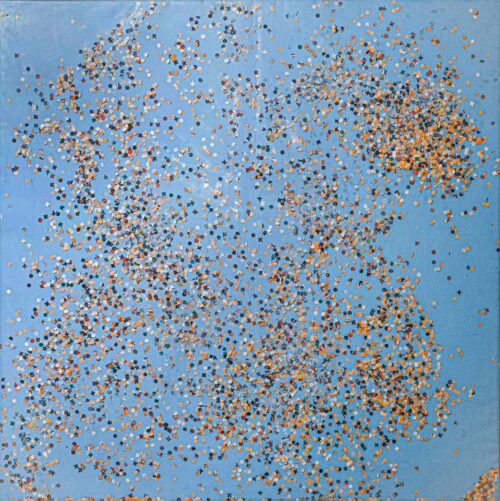 1985<br>pittura industriale, coriandoli su tela, cellophane<br> cm 100x100