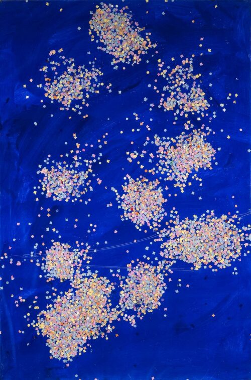 1985<br>tempera, coriandoli su tela, cellophane<br> cm 120x80