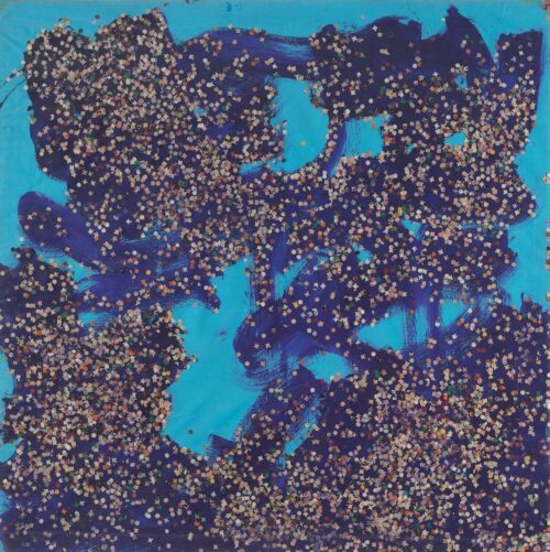 1985<br>pittura industriale, tempera, coriandoli su tela, cellophane<br>cm 100x100