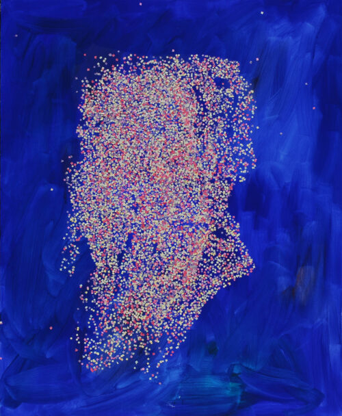 1985<br> tempera, coriandoli su tela, cellophane<br>cm 160x130