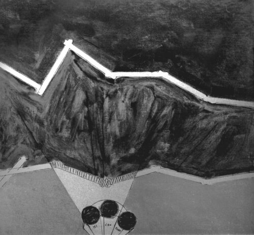 1985<br>Microfono<br>pittura industriale, tempera, pennarello su tela<br> cm 100x100