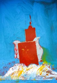 1986 11, 9 Calcata<br>' Castello in prossimità del mare '<br> tempera e olio su tela<br> cm 70x50