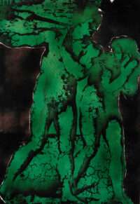 1986<br>pittura industriale, smalto alla anilina, fotografia emulsionata su tela<br> cm 100x70