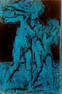 1986<br>pittura industriale, smalto alla anilina, fotografia emulsionata su tela<br>cm 110x75