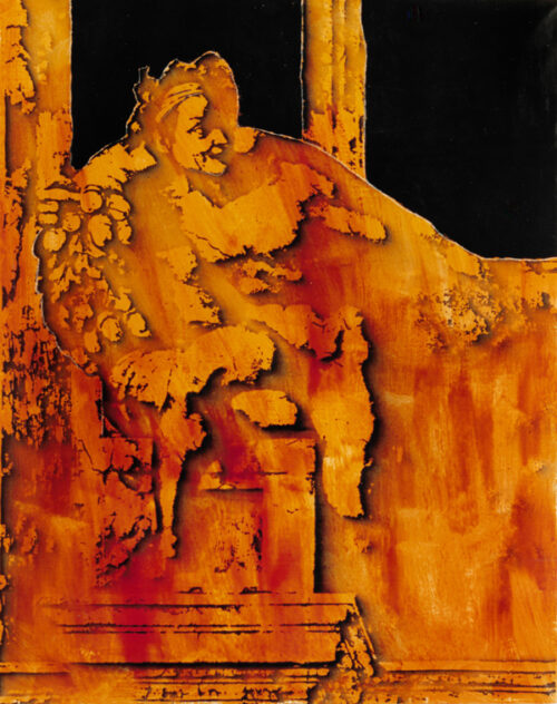 1986<br>pittura industriale, smalto alla anilina, fotografia emulsionata su tela<br>cm 100x80