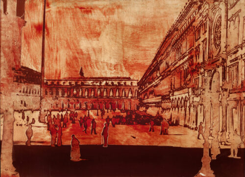 1986<br>pittura industriale, smalto alla anilina, fotografia emulsionata su tela<br>cm 70x100