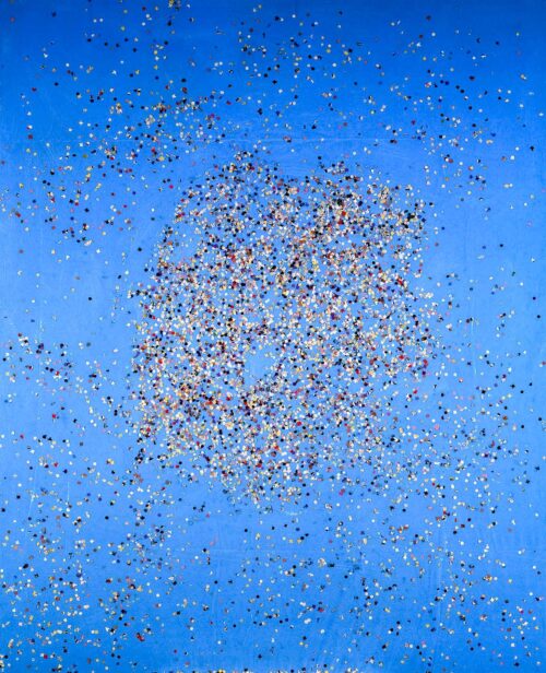 1986<br>pittura industriale, coriandoli su tela, cellophane<br>cm 160x130