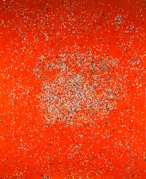 1986<br>pittura industriale, coriandoli su tela, cellophane<br>cm 160x130