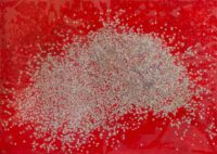 1986 9, 11<br> Variazione dalla Olimpia di.....<br>tempera, coriandoli su tela, cellophane<br> cm 70x100