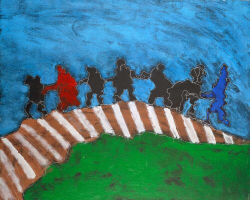 1986<br>Omaggio a Ingman Bergman, il settimo sigillo<br>pittura industriale, tempera, gessetto su tela<br> cm 80x100