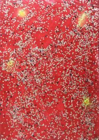 1986<br>Galassie<br>pittura industriale, colore a spruzzo, coriandoli su tela, cellophane<br> cm 100x70